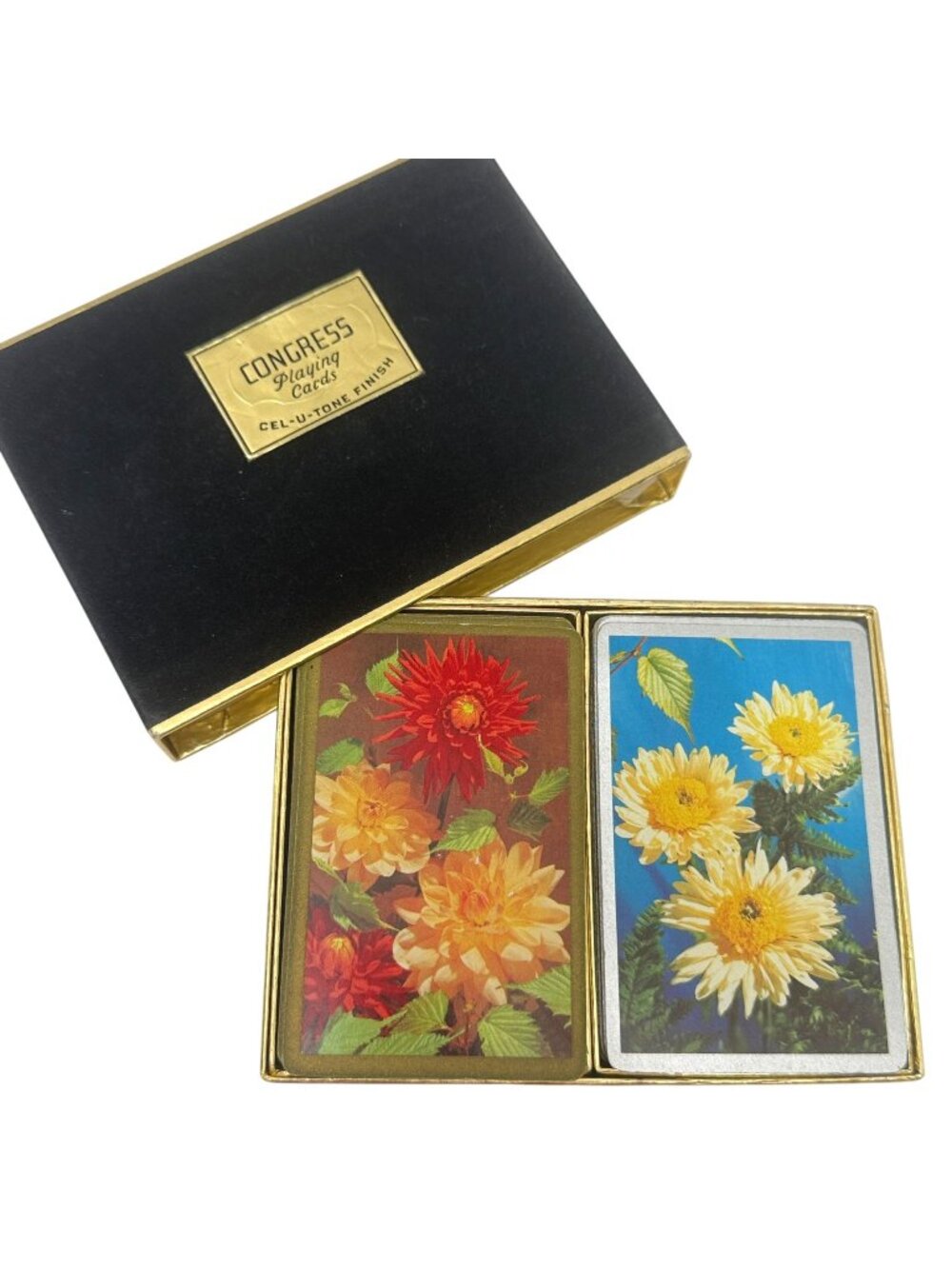 Vintage Congress Playing Cards Double Deck Set Yellow Flowers USA MCM Bridge